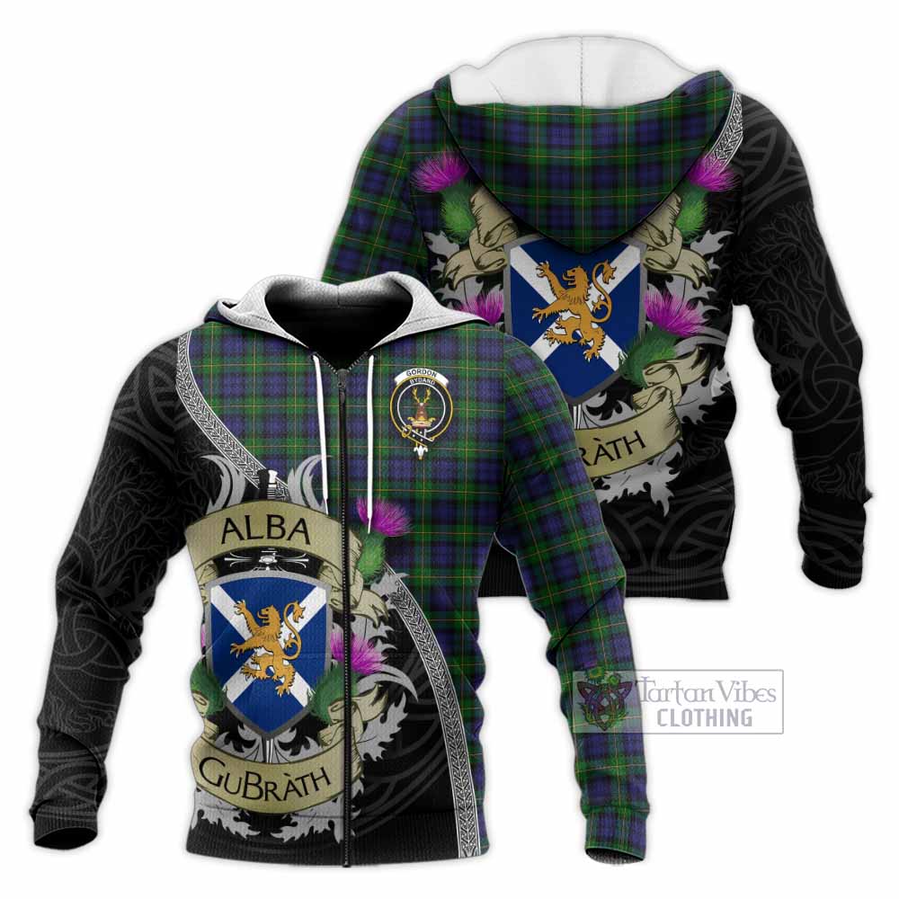 Tartan Vibes Clothing Gordon Tartan Family Crest Knitted Hoodie Lion Rampant Royal Thistle Shield Celtic Inspired