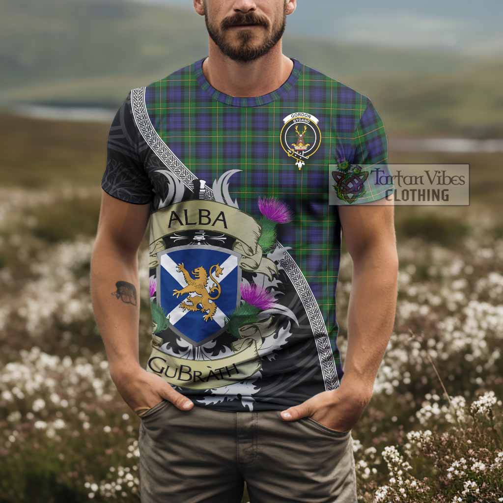 Tartan Vibes Clothing Gordon Tartan Family Crest T-Shirt Lion Rampant Royal Thistle Shield Celtic Inspired