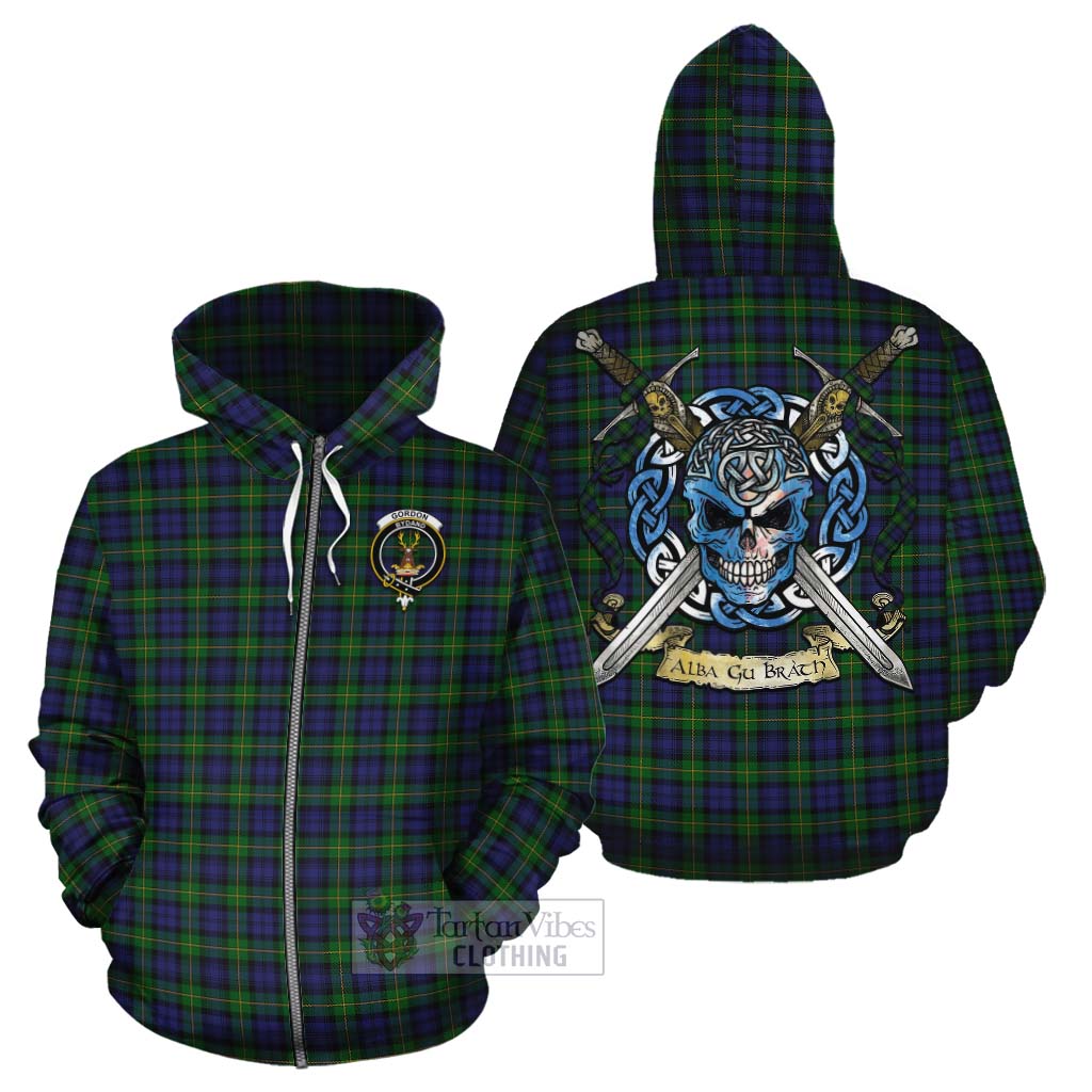 Tartan Vibes Clothing Gordon Tartan Cotton Hoodie with Family Crest Celtic Skull Style