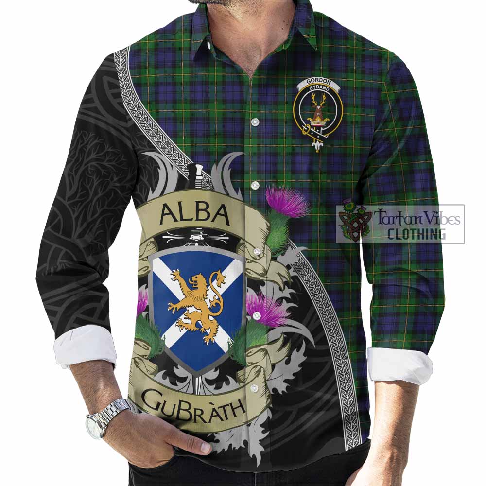 Tartan Vibes Clothing Gordon Tartan Family Crest Long Sleeve Button Shirt Lion Rampant Royal Thistle Shield Celtic Inspired