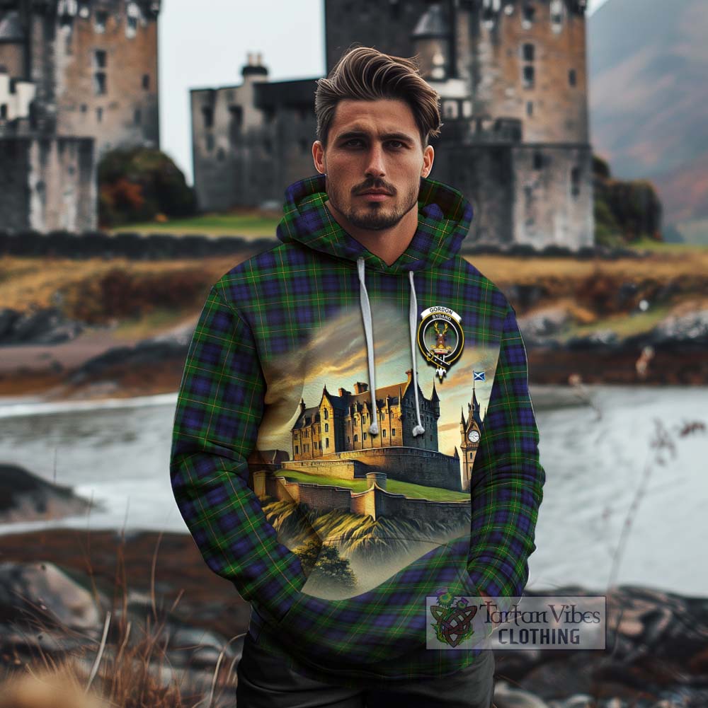 Tartan Vibes Clothing Gordon Tartan Family Crest Cotton Hoodie with Scottish Ancient Castle Style