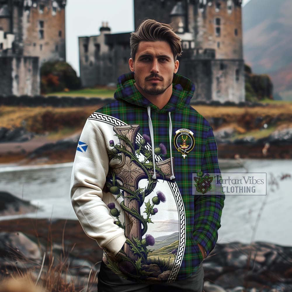 Tartan Vibes Clothing Gordon Tartan Cotton Hoodie with Family Crest and St. Andrew's Cross Accented by Thistle Vines