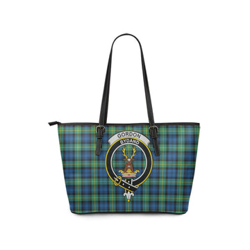 Gordon Ancient Tartan Leather Tote Bag with Family Crest