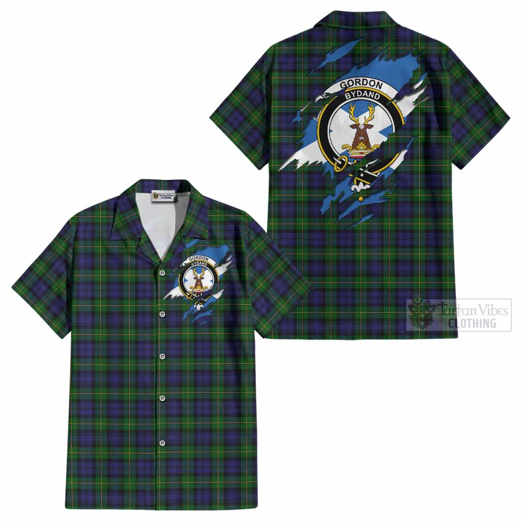 Gordon Clan Crest In Me Tartan Cotton Hawaiian Shirt Scotland Flag Style