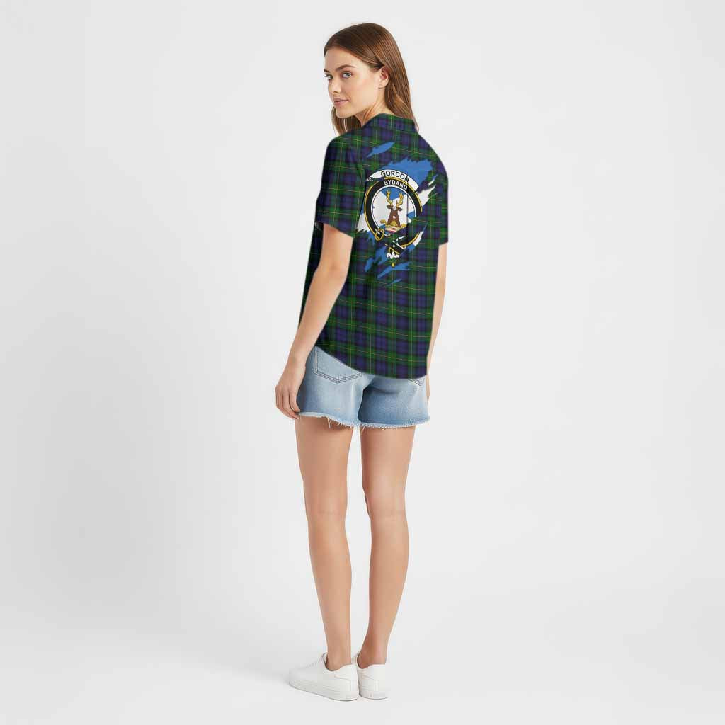 Gordon Clan Crest In Me Tartan Cotton Hawaiian Shirt Scotland Flag Style