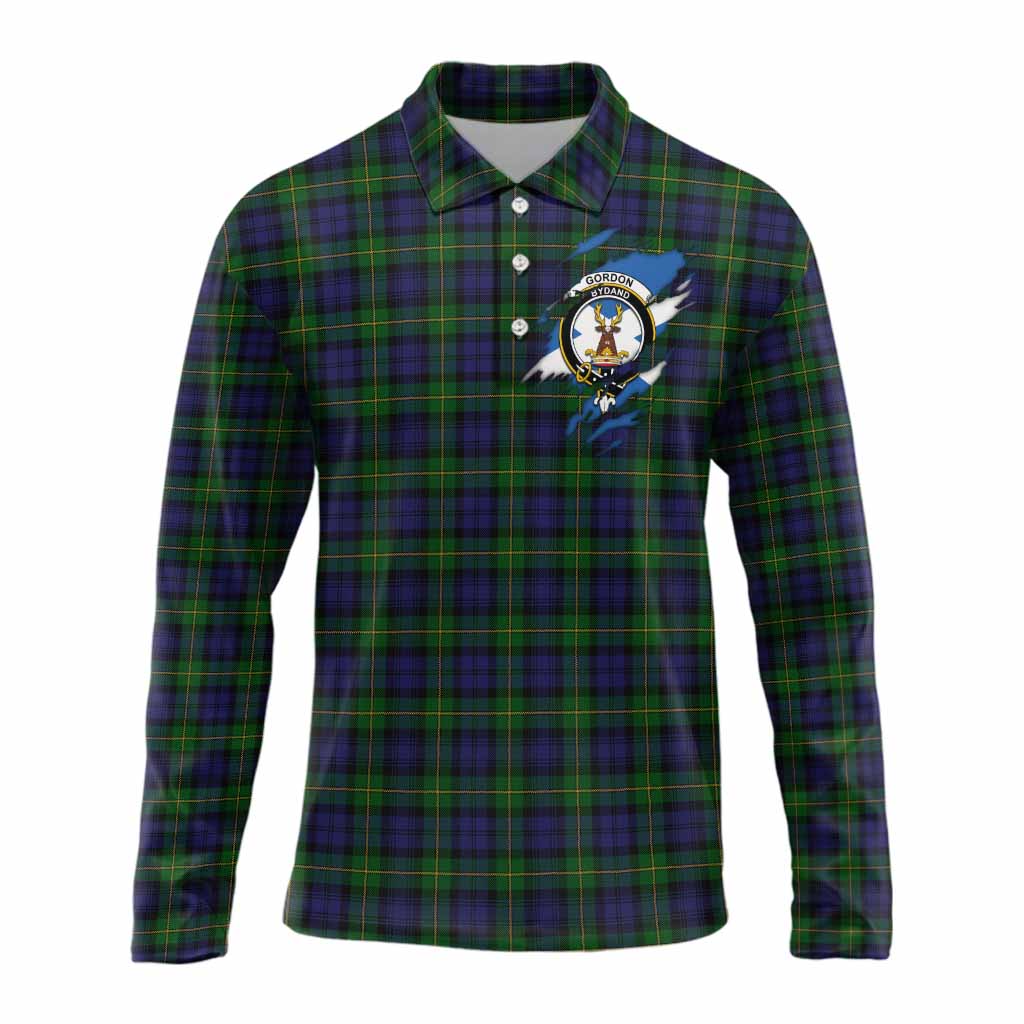 Gordon Clan Crest In Me Tartan Long Sleeve Polo Shirt Scotland Flag Style