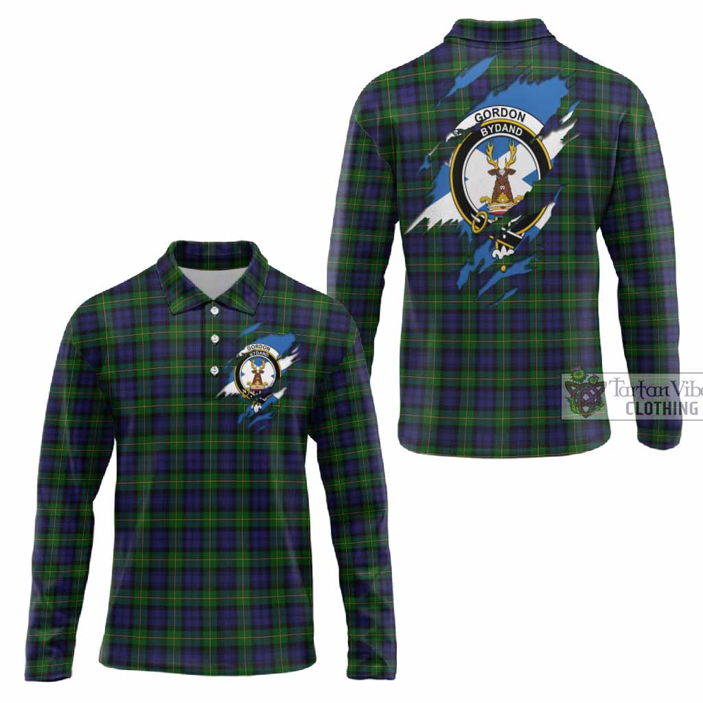 Gordon Clan Crest In Me Tartan Long Sleeve Polo Shirt Scotland Flag Style
