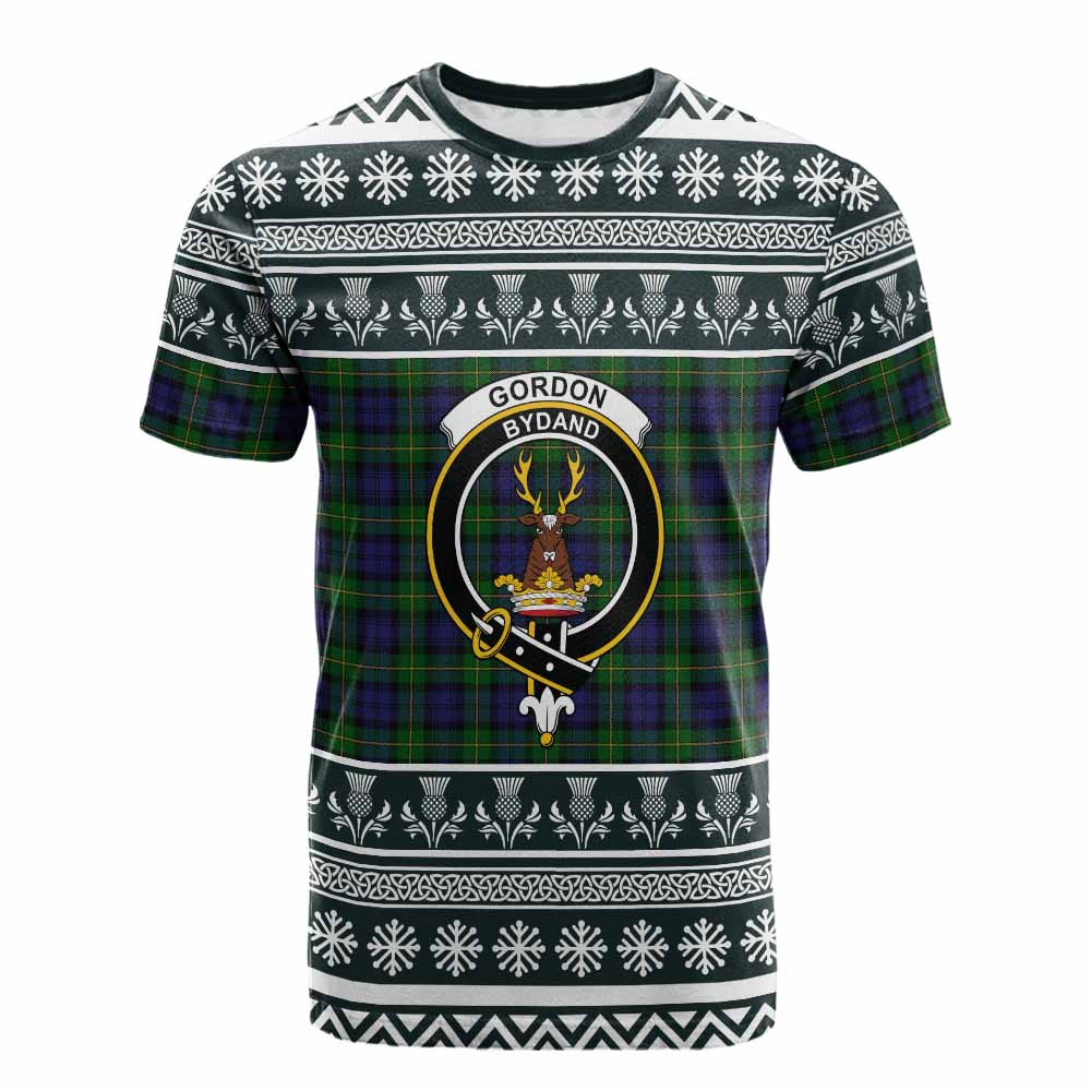 Gordon Clan Tartan Christmas Cotton T-shirt with Family Crest - Tartan Vibes Clothing