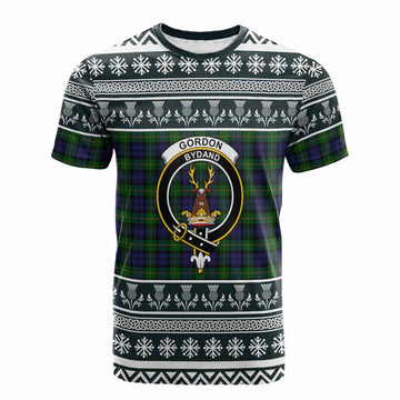 Gordon Clan Tartan Christmas Cotton T-shirt with Family Crest