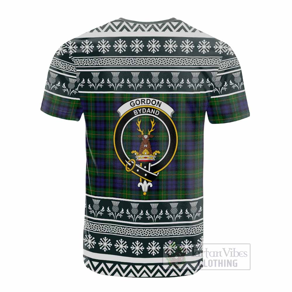 Gordon Clan Tartan Christmas Cotton T-shirt with Family Crest - Tartan Vibes Clothing