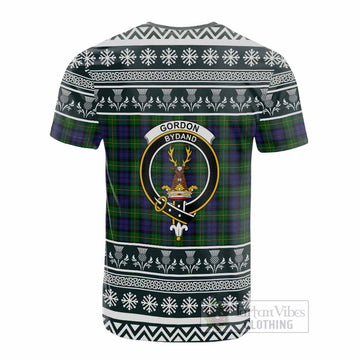 Gordon Clan Tartan Christmas Cotton T-shirt with Family Crest