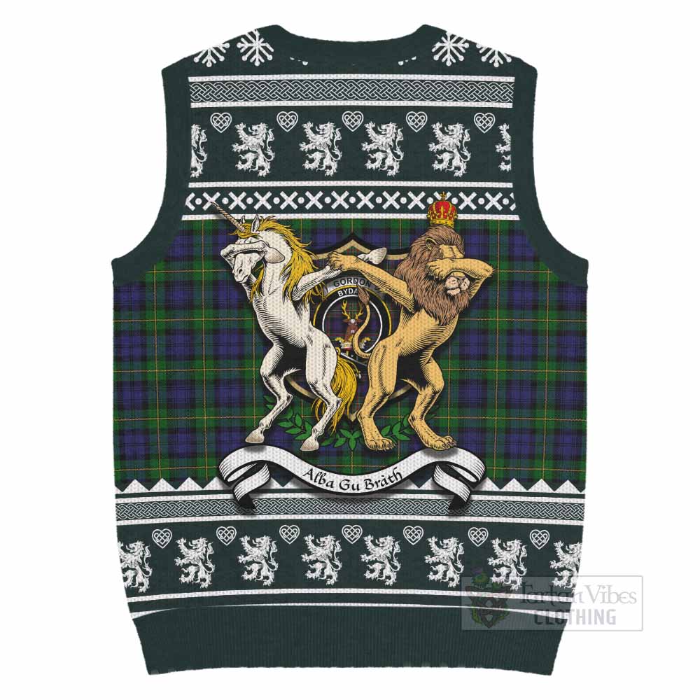 Gordon Clan Tartan Crest Christmas Knitted V-Neck Vest Coat of Arms Funny Style - Tartan Vibes Clothing