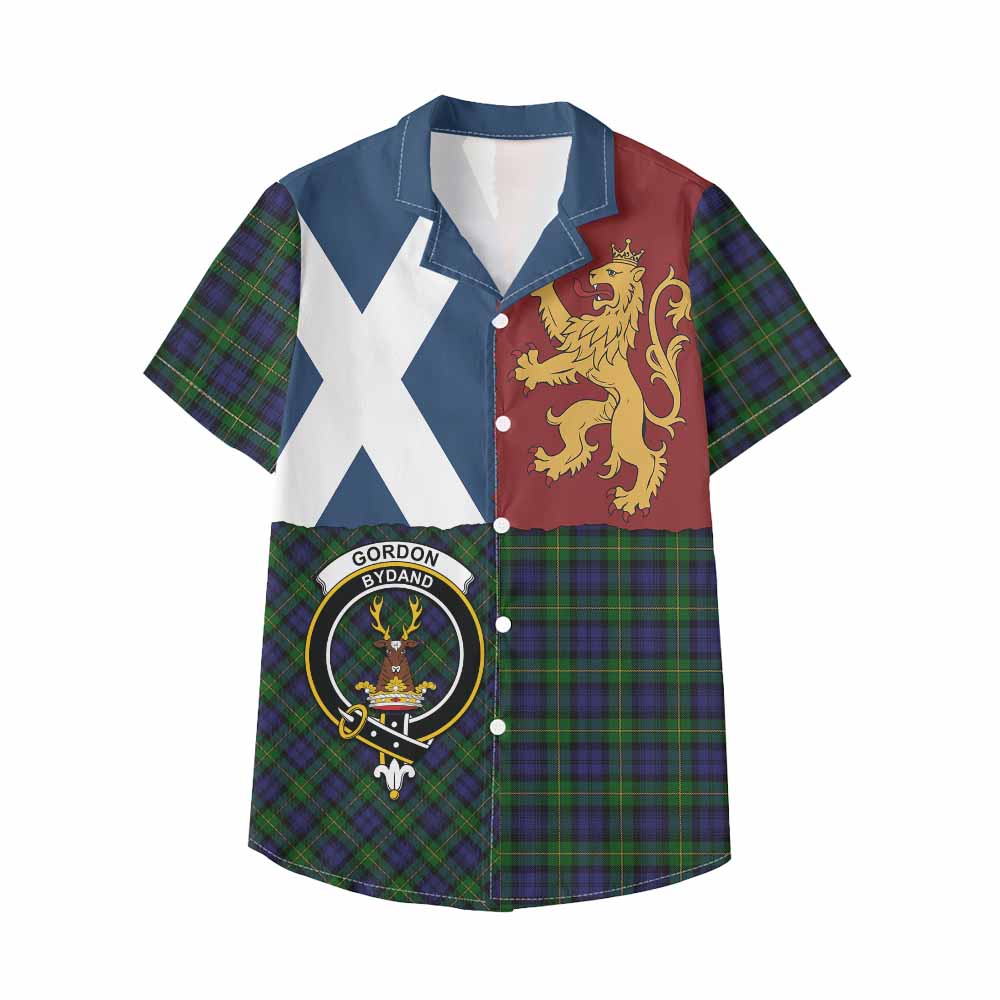 Gordon Crest Tartan Kid Hawaiian Shirt with Lion Rampant Saltire Style - Tartan Vibes Clothing