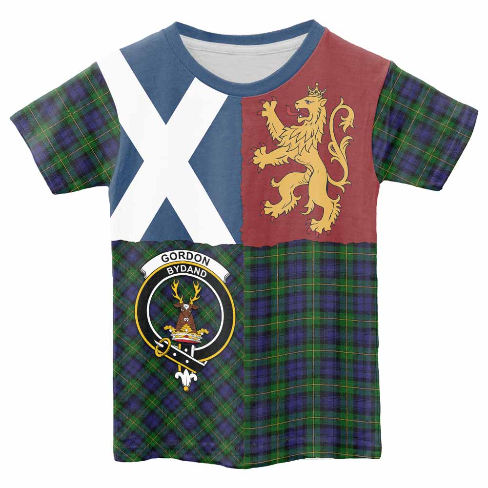 Gordon Crest Tartan Kid T-shirt with Lion Rampant Saltire Style - Tartan Vibes Clothing