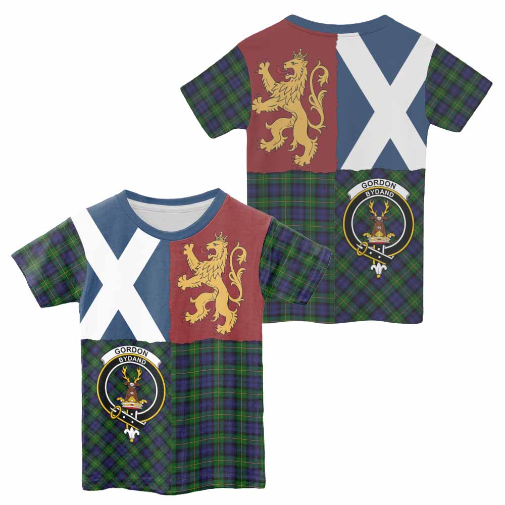 Gordon Crest Tartan Kid T-shirt with Lion Rampant Saltire Style - Tartan Vibes Clothing