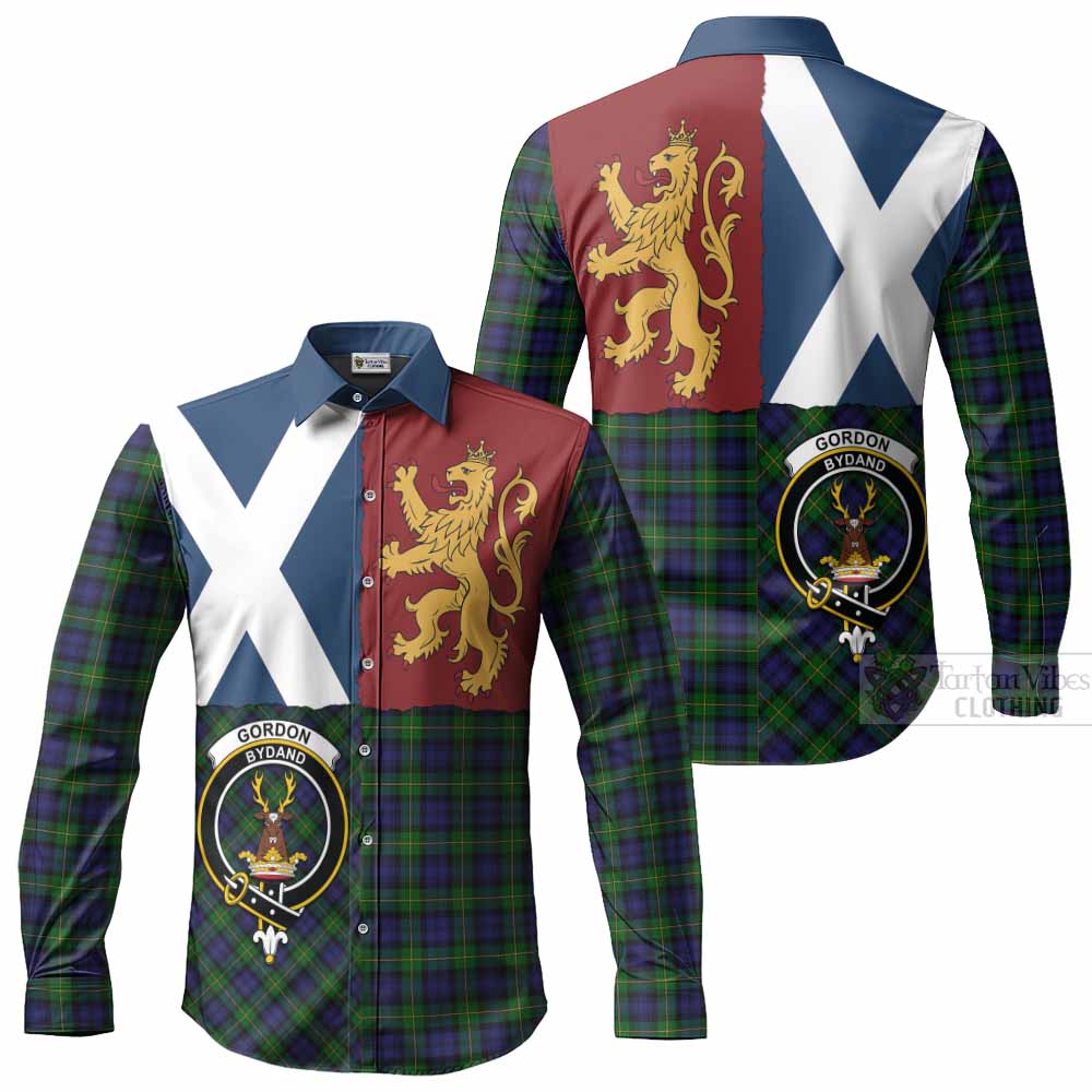Gordon Crest Tartan Long Sleeve Button Shirts with Lion Rampant Saltire Style