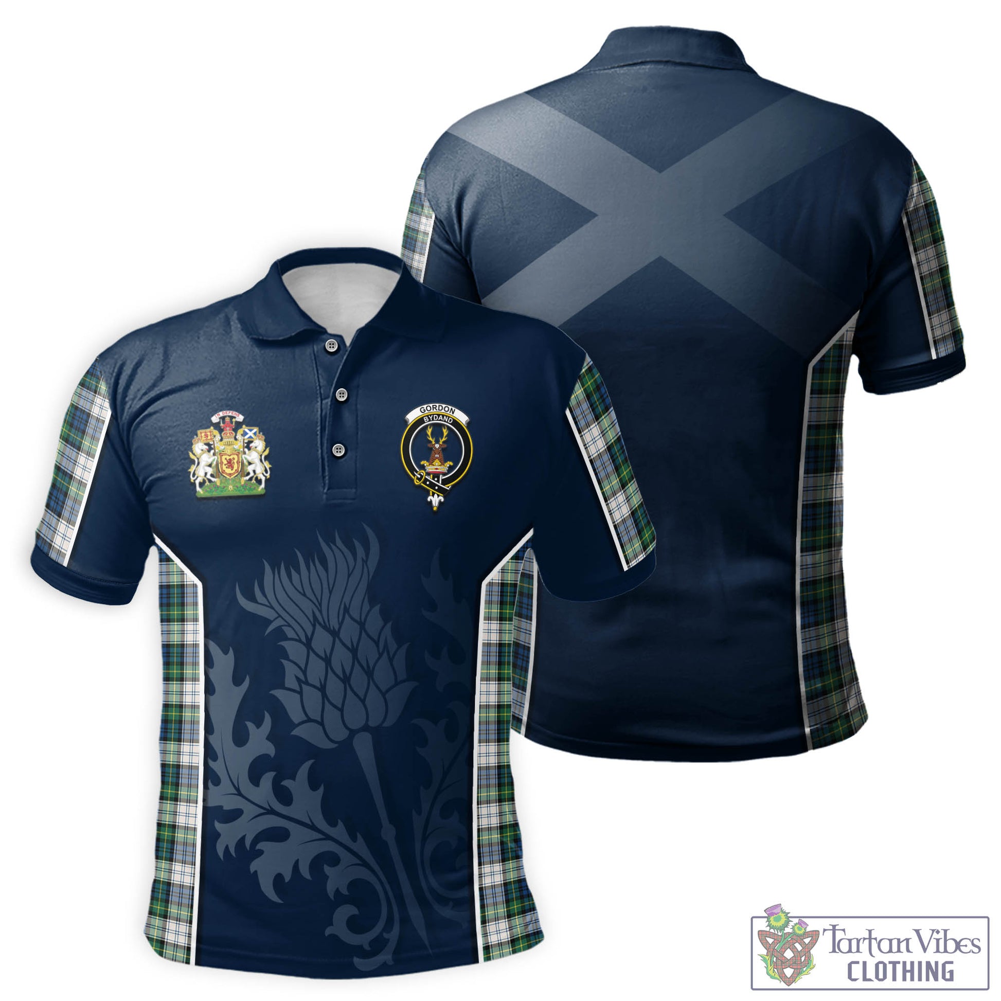 Tartan Vibes Clothing Gordon Dress Ancient Tartan Men's Polo Shirt with Family Crest and Scottish Thistle Vibes Sport Style