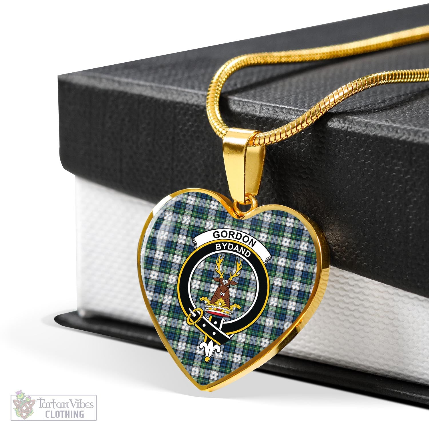 Tartan Vibes Clothing Gordon Dress Ancient Tartan Heart Necklace with Family Crest