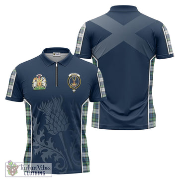 Gordon Dress Ancient Tartan Zipper Polo Shirt with Family Crest and Scottish Thistle Vibes Sport Style