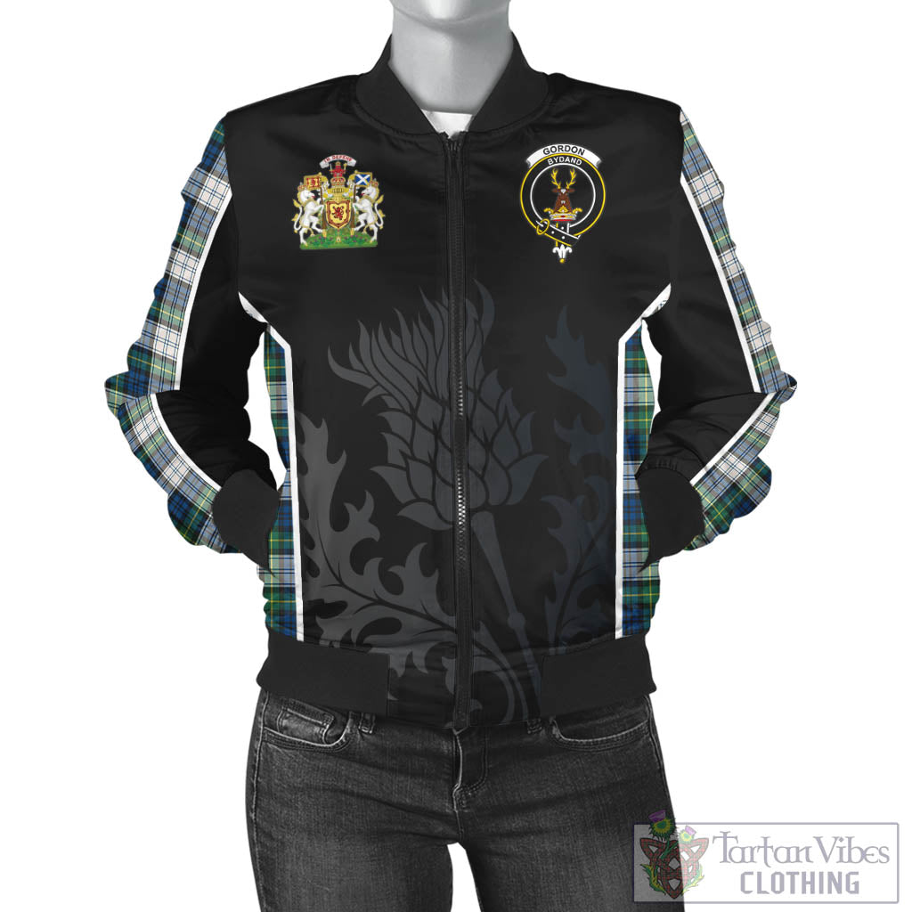 Tartan Vibes Clothing Gordon Dress Ancient Tartan Bomber Jacket with Family Crest and Scottish Thistle Vibes Sport Style