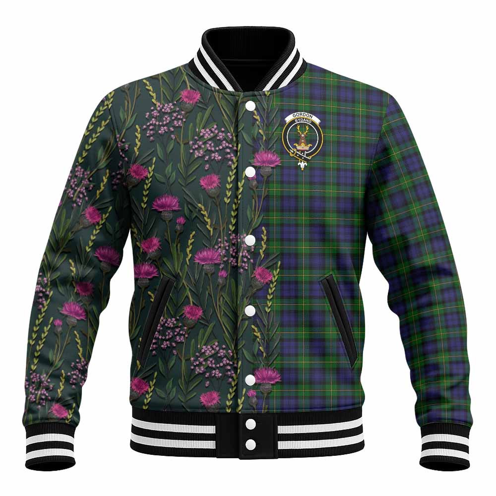 Gordon Family Crest Tartan Baseball Jacket Scottish Thistle Flower Pattern Half Style - Tartan Vibes Clothing