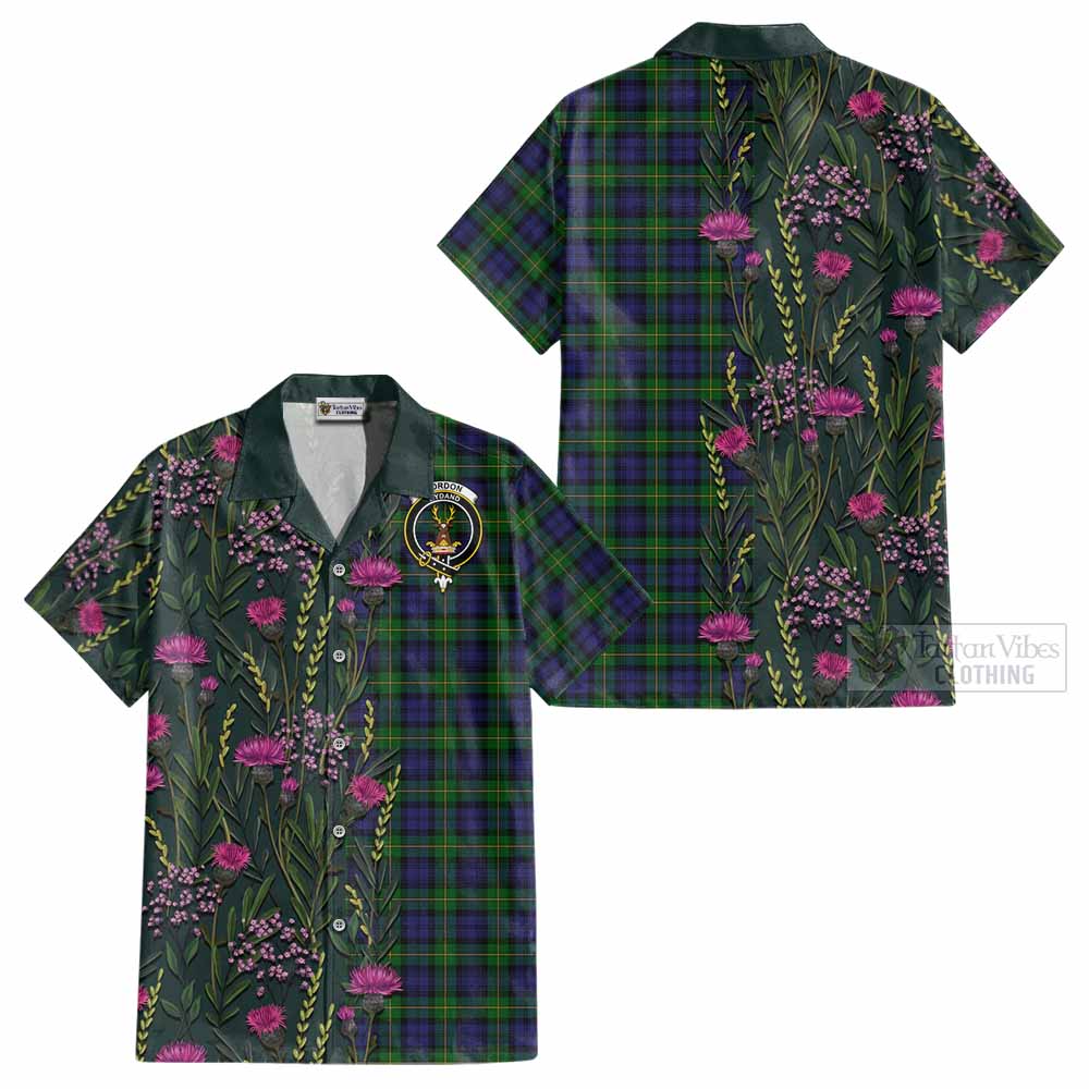Gordon Family Crest Tartan Cotton Hawaiian Shirt Scottish Thistle Flower Pattern Half Style - Tartan Vibes Clothing