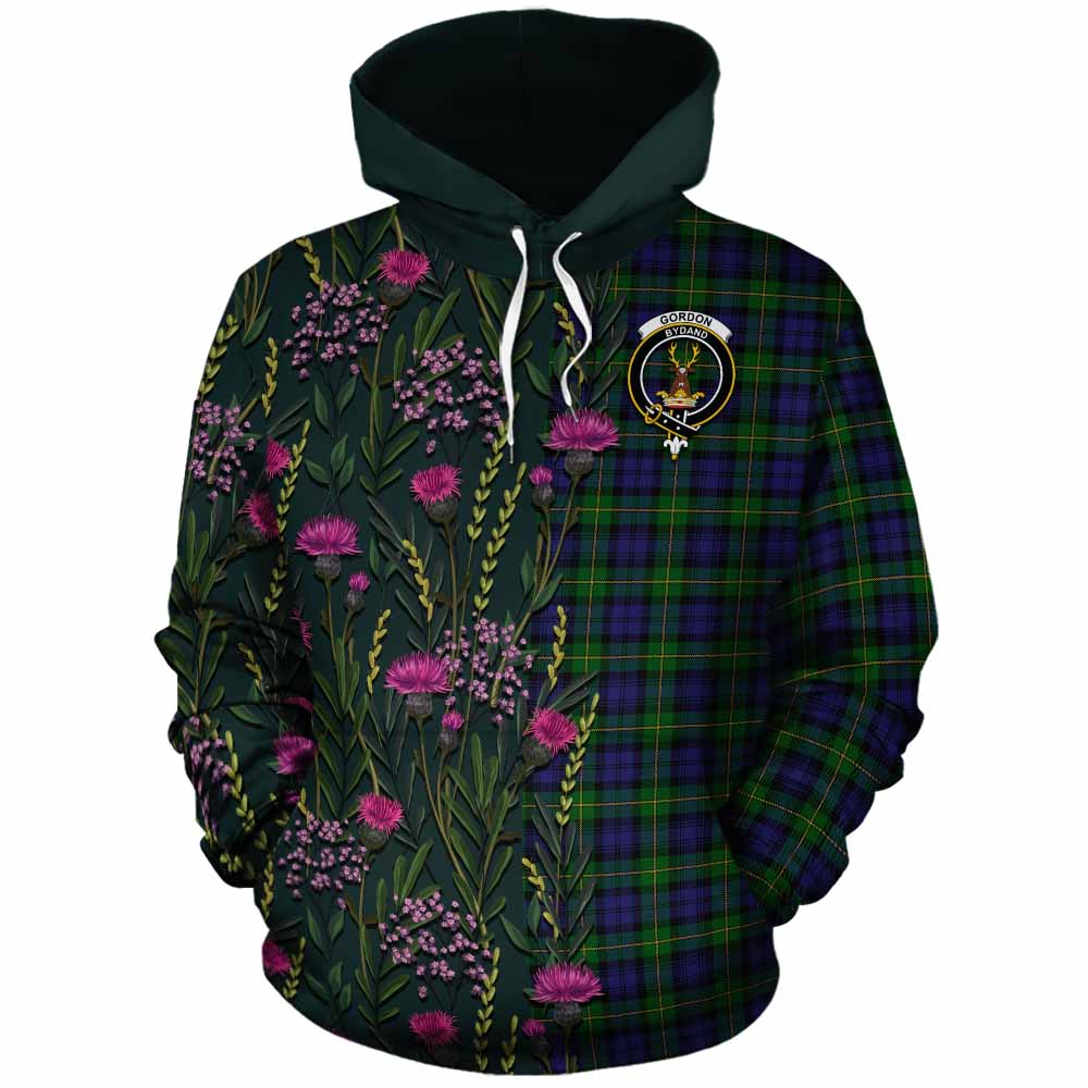 Gordon Family Crest Tartan Cotton Hoodie Scottish Thistle Flower Pattern Half Style - Tartan Vibes Clothing
