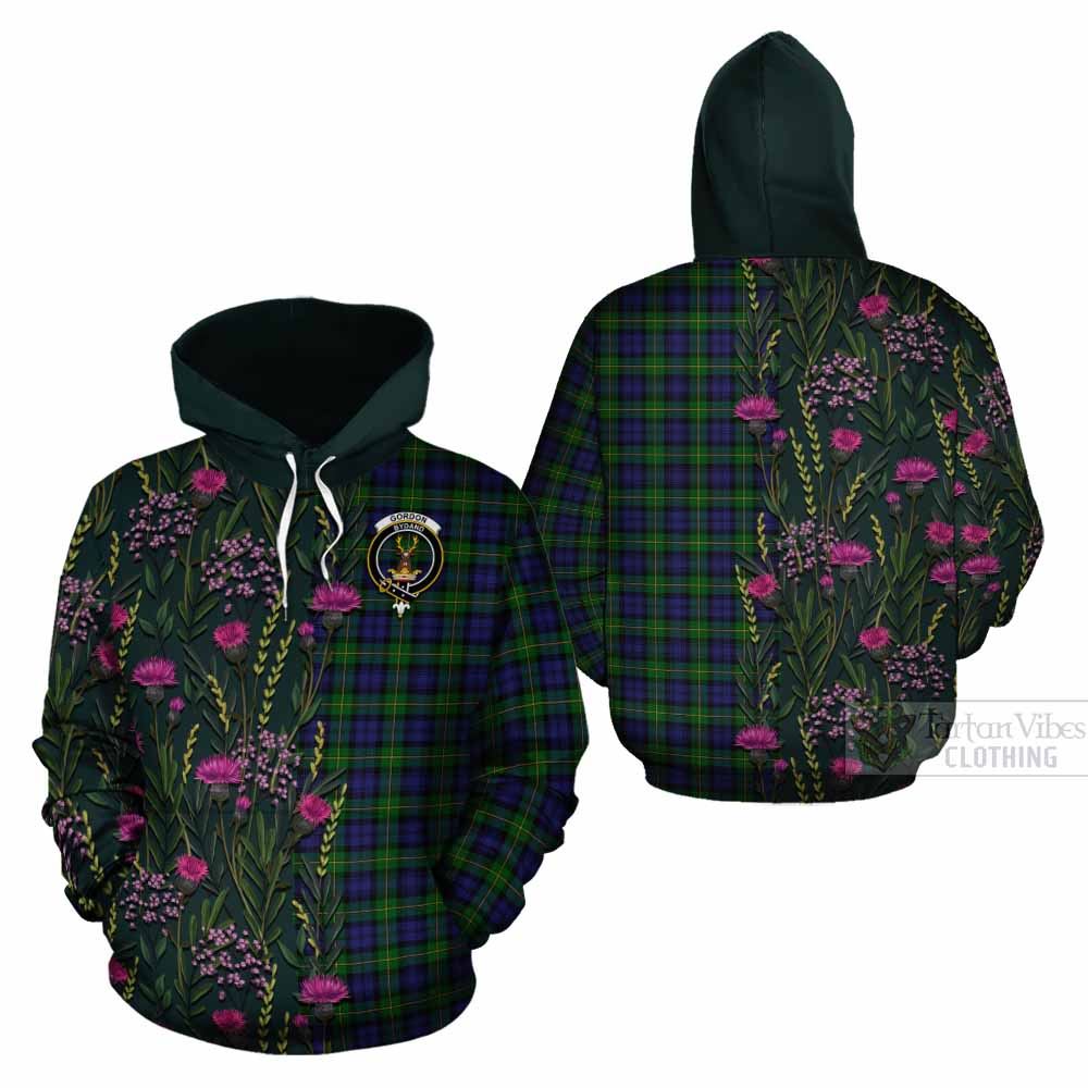 Gordon Family Crest Tartan Cotton Hoodie Scottish Thistle Flower Pattern Half Style - Tartan Vibes Clothing