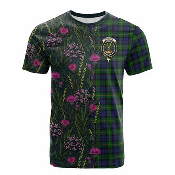 Gordon Family Crest Tartan Cotton T-shirt Scottish Thistle Flower Pattern Half Style