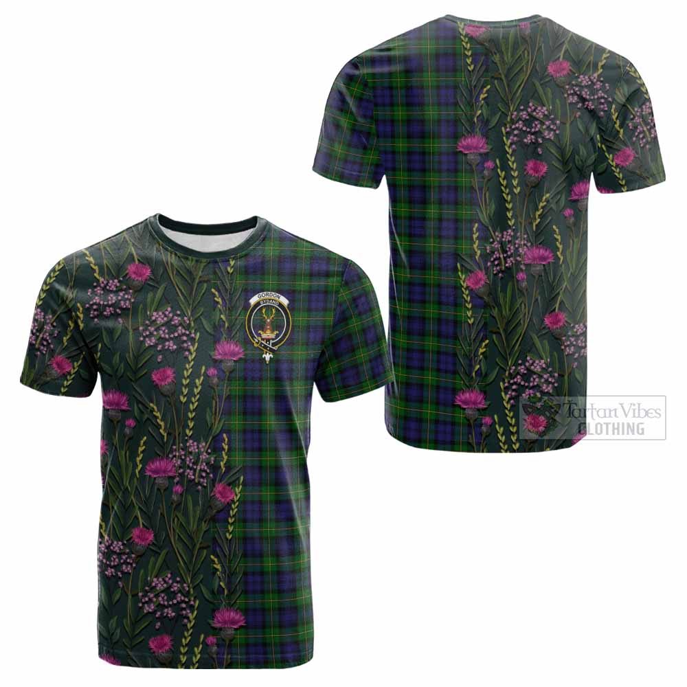 Gordon Family Crest Tartan Cotton T-shirt Scottish Thistle Flower Pattern Half Style - Tartan Vibes Clothing