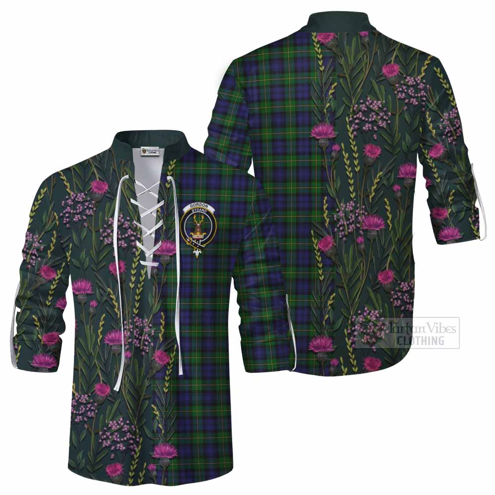 Gordon Family Crest Tartan Ghillie Shirt Scottish Thistle Flower Pattern Half Style - Tartan Vibes Clothing