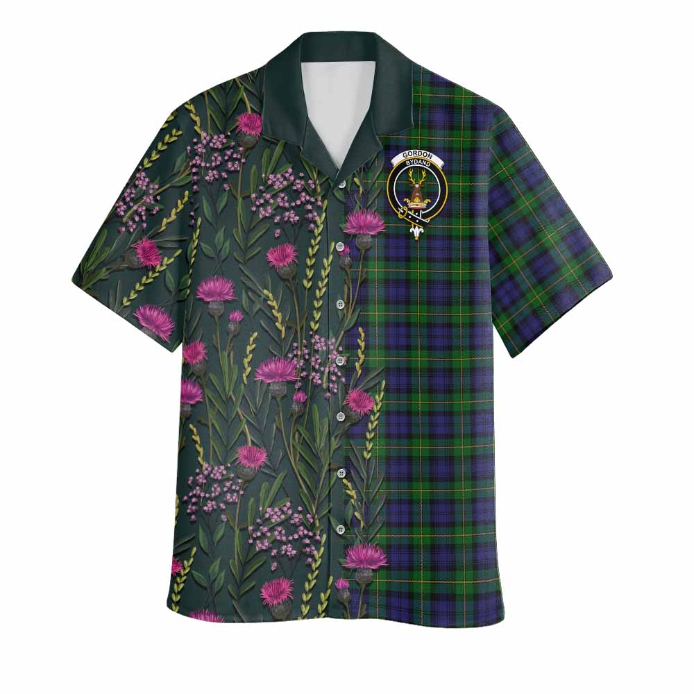 Gordon Family Crest Tartan Hawaiian Shirt Scottish Thistle Flower Pattern Half Style - Tartan Vibes Clothing