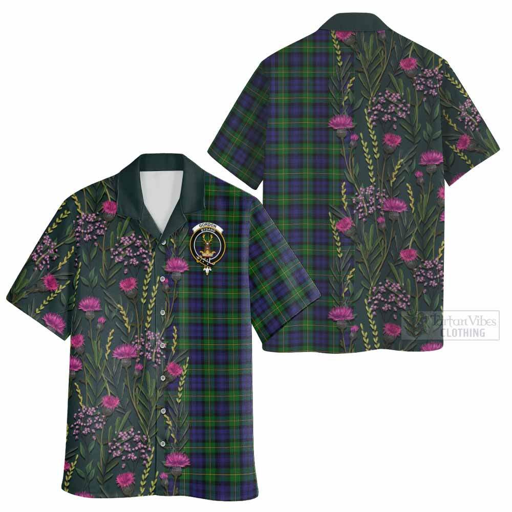 Gordon Family Crest Tartan Hawaiian Shirt Scottish Thistle Flower Pattern Half Style - Tartan Vibes Clothing