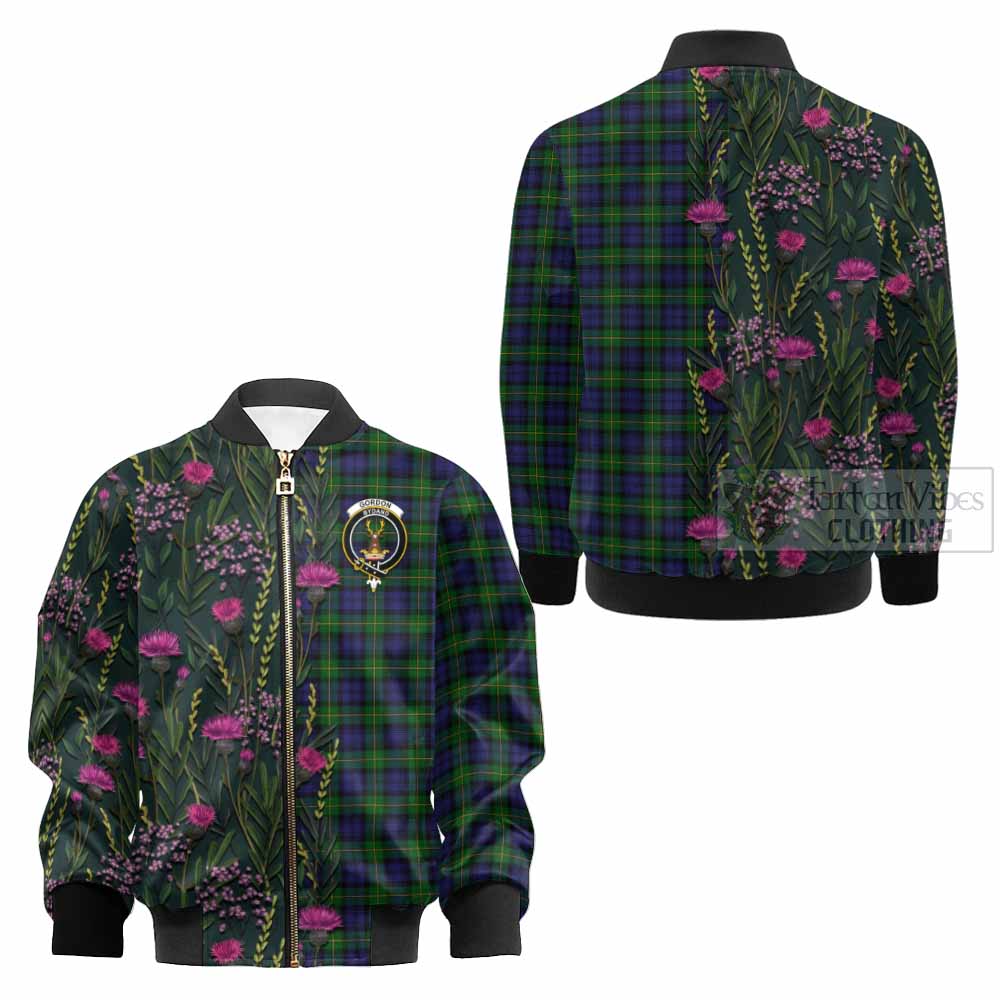 Gordon Family Crest Tartan Kid Bomber Jacket Scottish Thistle Flower Pattern Half Style - Tartan Vibes Clothing