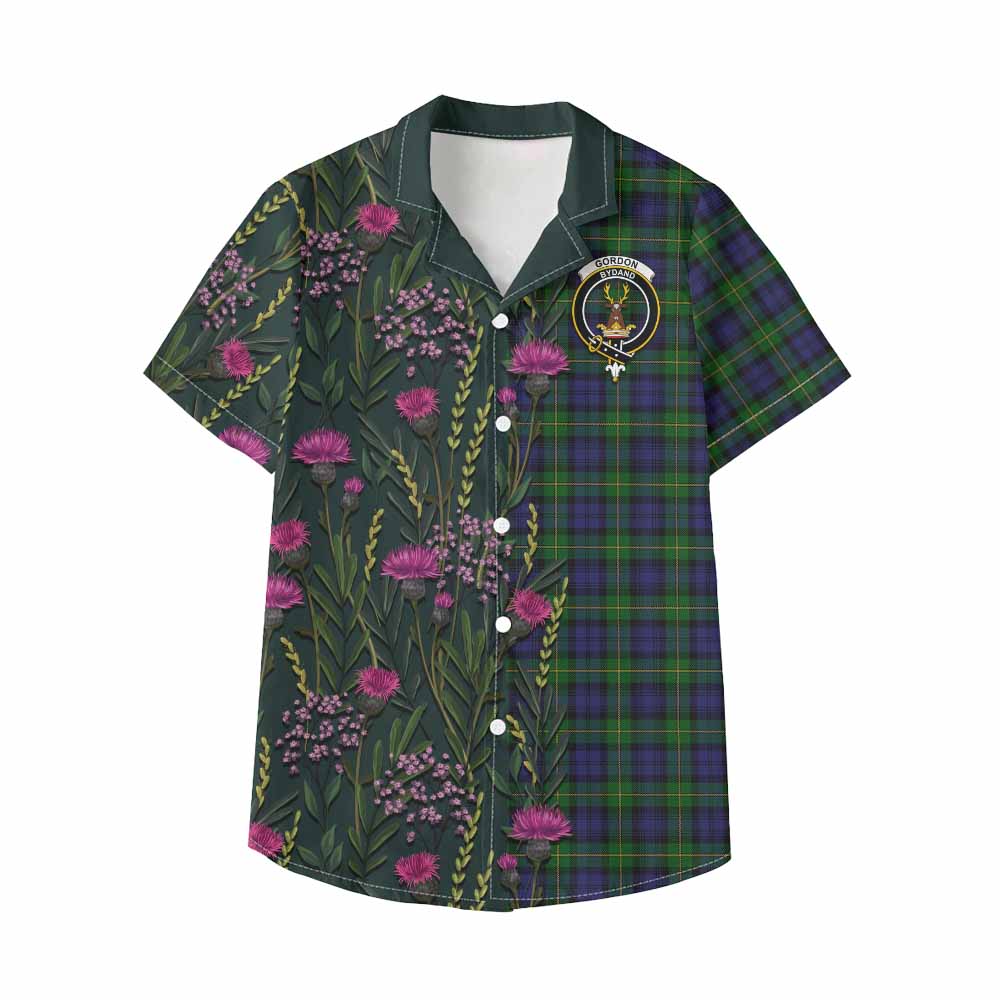 Gordon Family Crest Tartan Kid Hawaiian Shirt Scottish Thistle Flower Pattern Half Style - Tartan Vibes Clothing