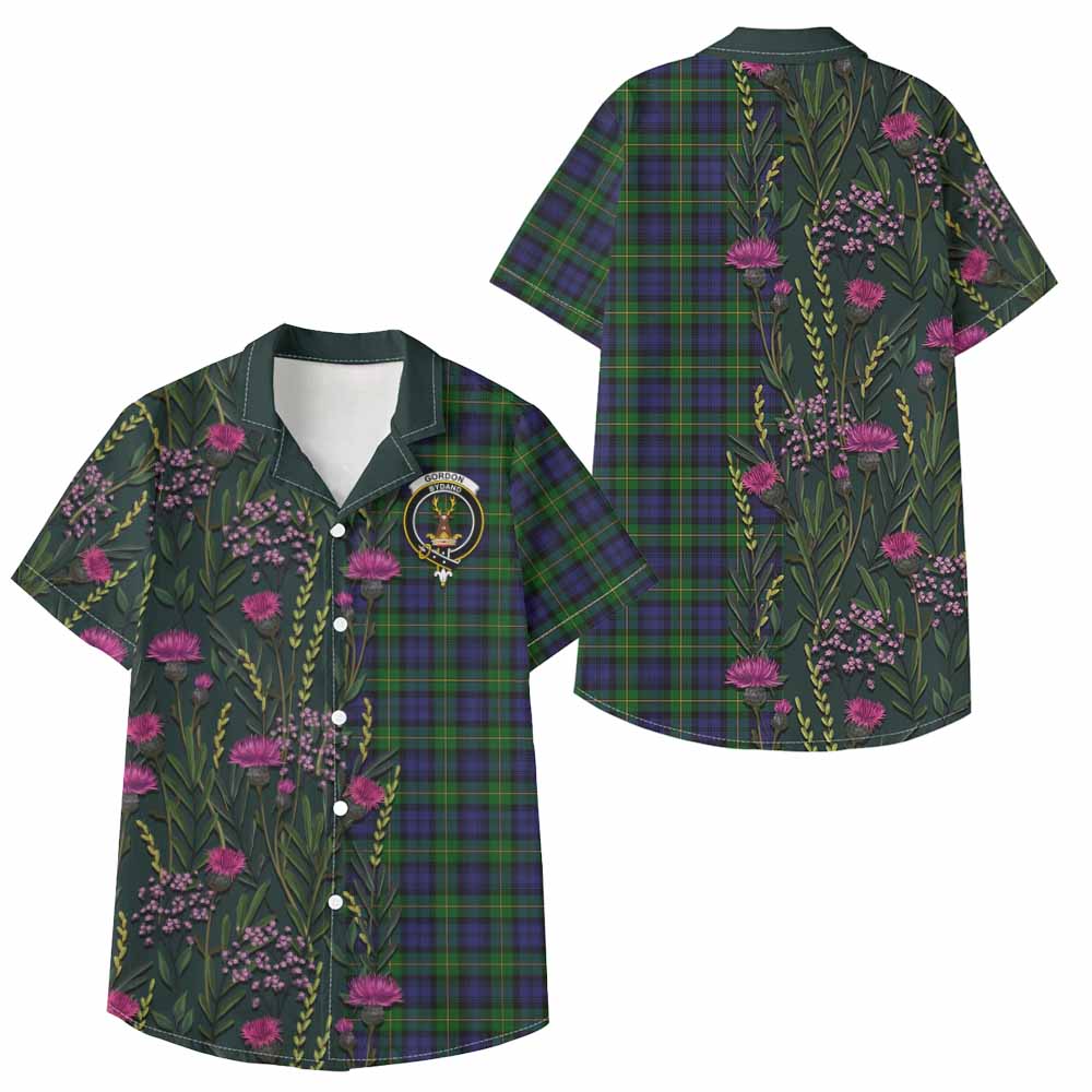 Gordon Family Crest Tartan Kid Hawaiian Shirt Scottish Thistle Flower Pattern Half Style - Tartan Vibes Clothing