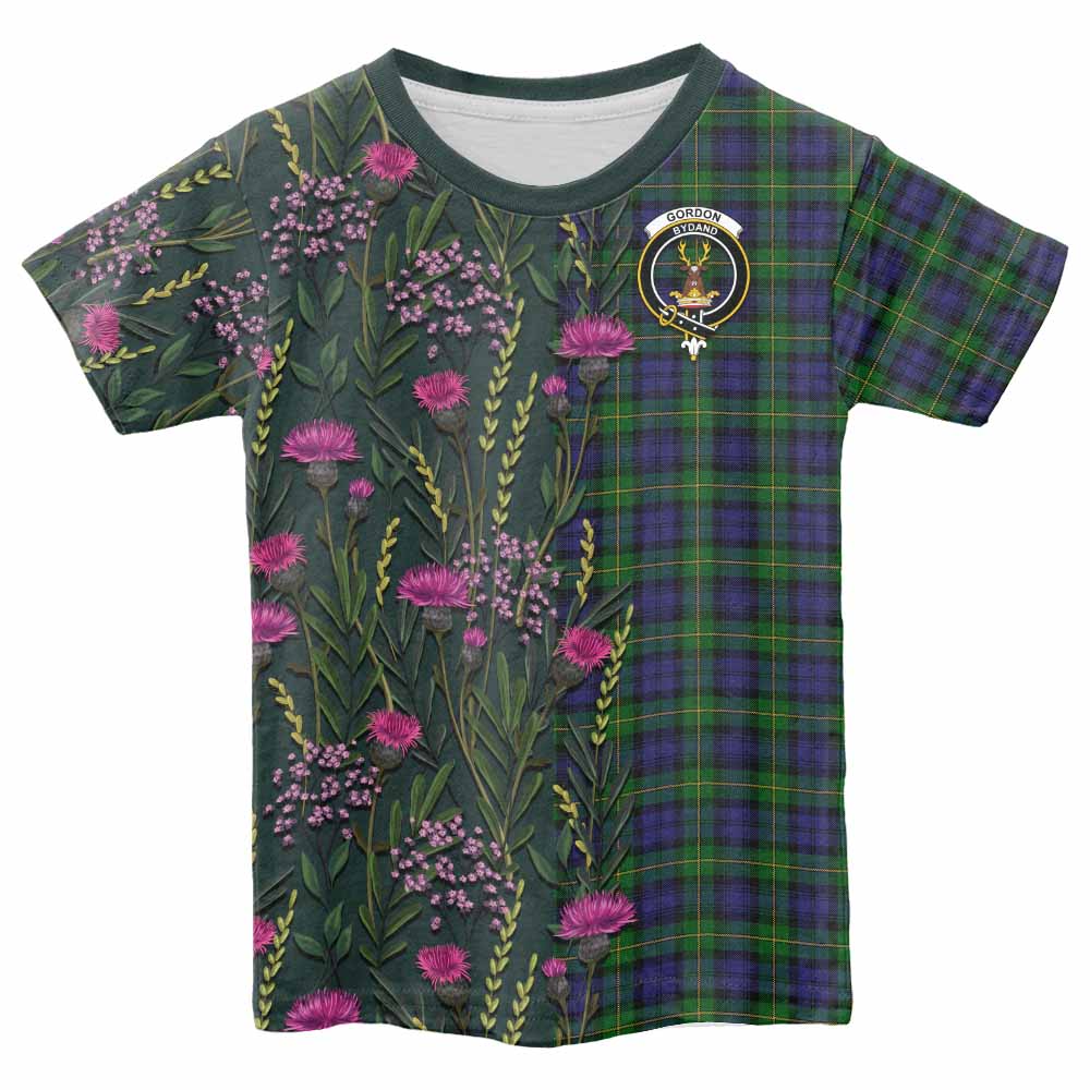 Gordon Family Crest Tartan Kid T-shirt Scottish Thistle Flower Pattern Half Style - Tartan Vibes Clothing