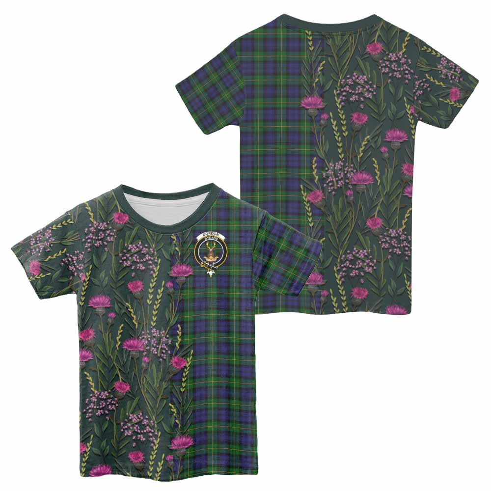 Gordon Family Crest Tartan Kid T-shirt Scottish Thistle Flower Pattern Half Style - Tartan Vibes Clothing