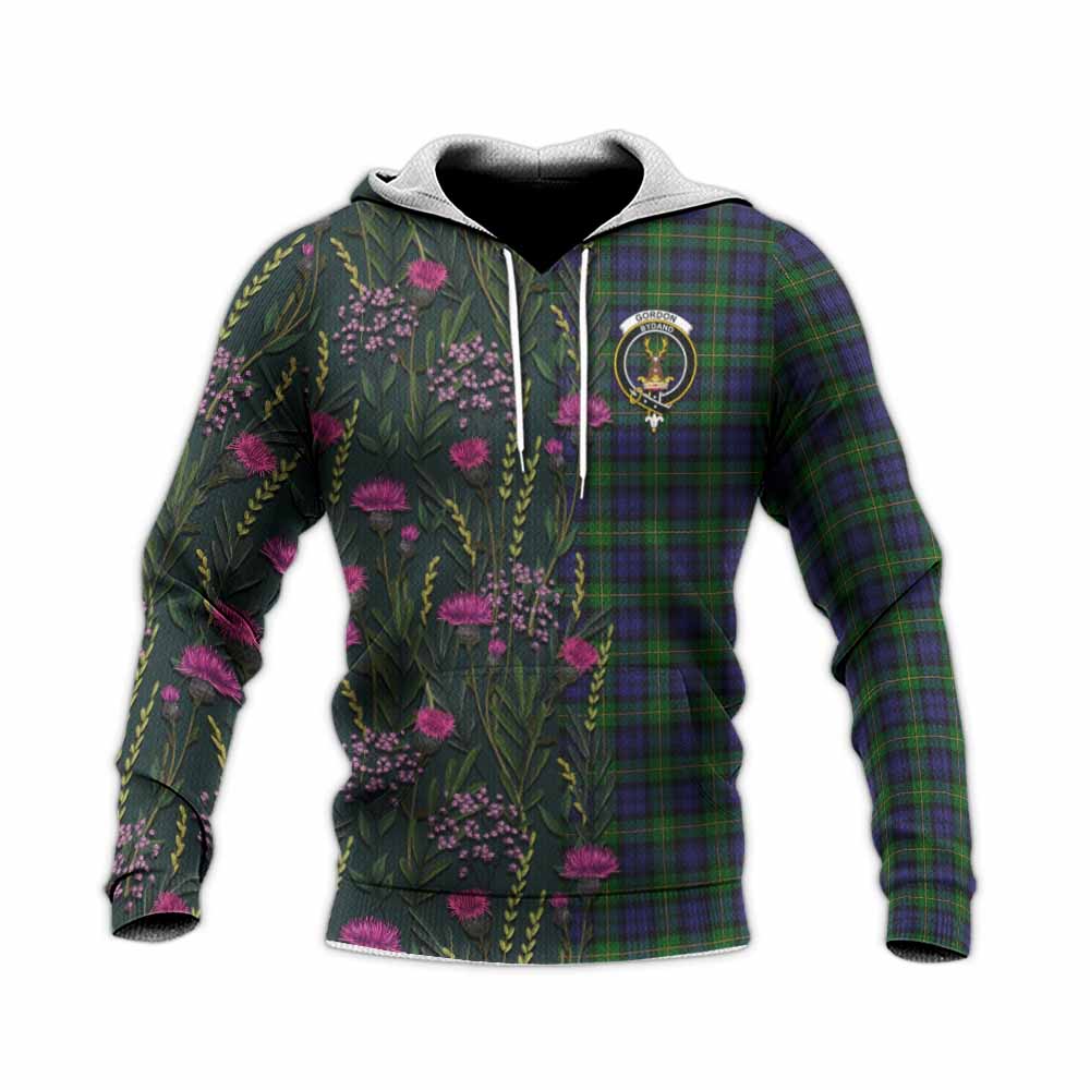 Gordon Family Crest Tartan Knitted Hoodie Scottish Thistle Flower Pattern Half Style - Tartan Vibes Clothing