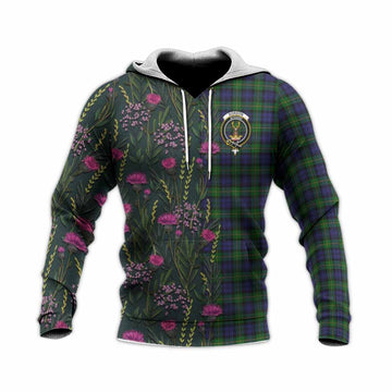 Gordon Family Crest Tartan Knitted Hoodie Scottish Thistle Flower Pattern Half Style