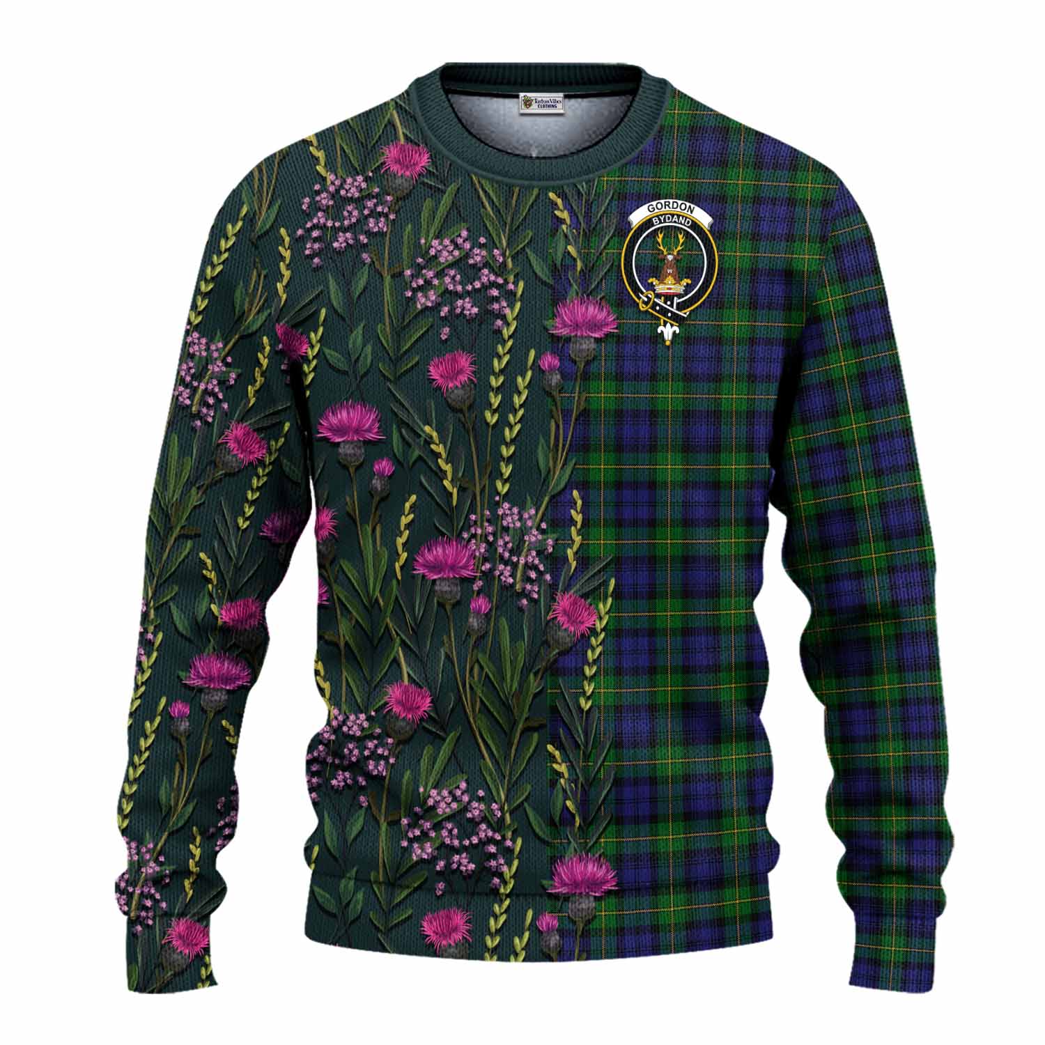 Gordon Family Crest Tartan Knitted Sweater Scottish Thistle Flower Pattern Half Style - Tartan Vibes Clothing