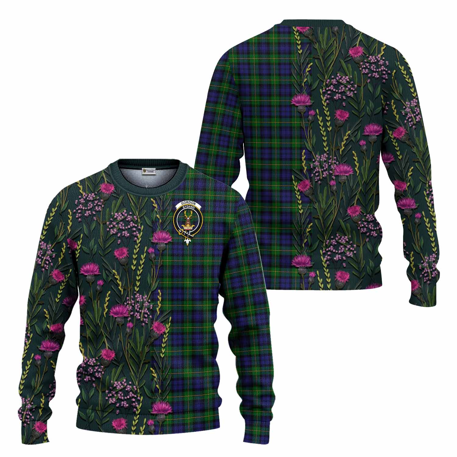 Gordon Family Crest Tartan Knitted Sweater Scottish Thistle Flower Pattern Half Style - Tartan Vibes Clothing