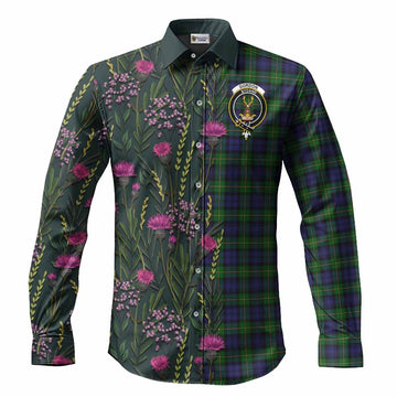 Gordon Family Crest Tartan Long Sleeve Button Shirts Scottish Thistle Flower Pattern Half Style