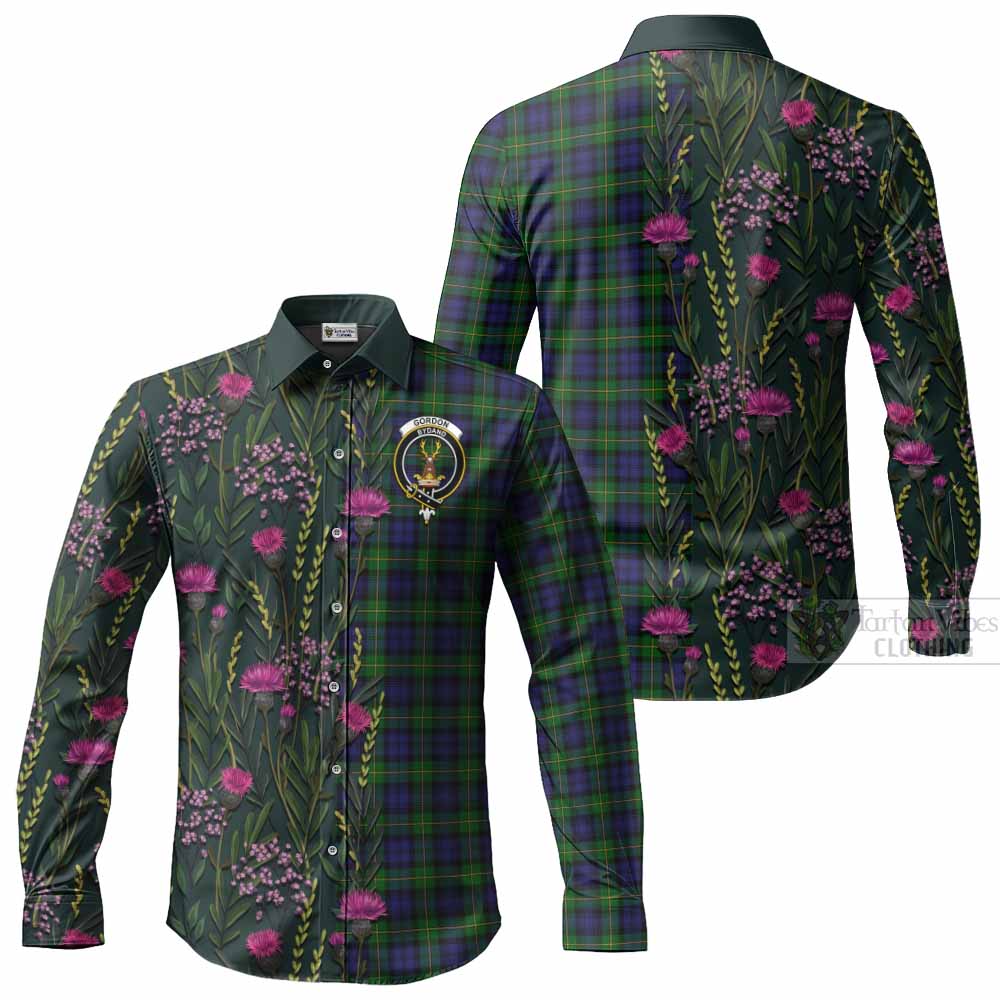 Gordon Family Crest Tartan Long Sleeve Button Shirts Scottish Thistle Flower Pattern Half Style - Tartan Vibes Clothing