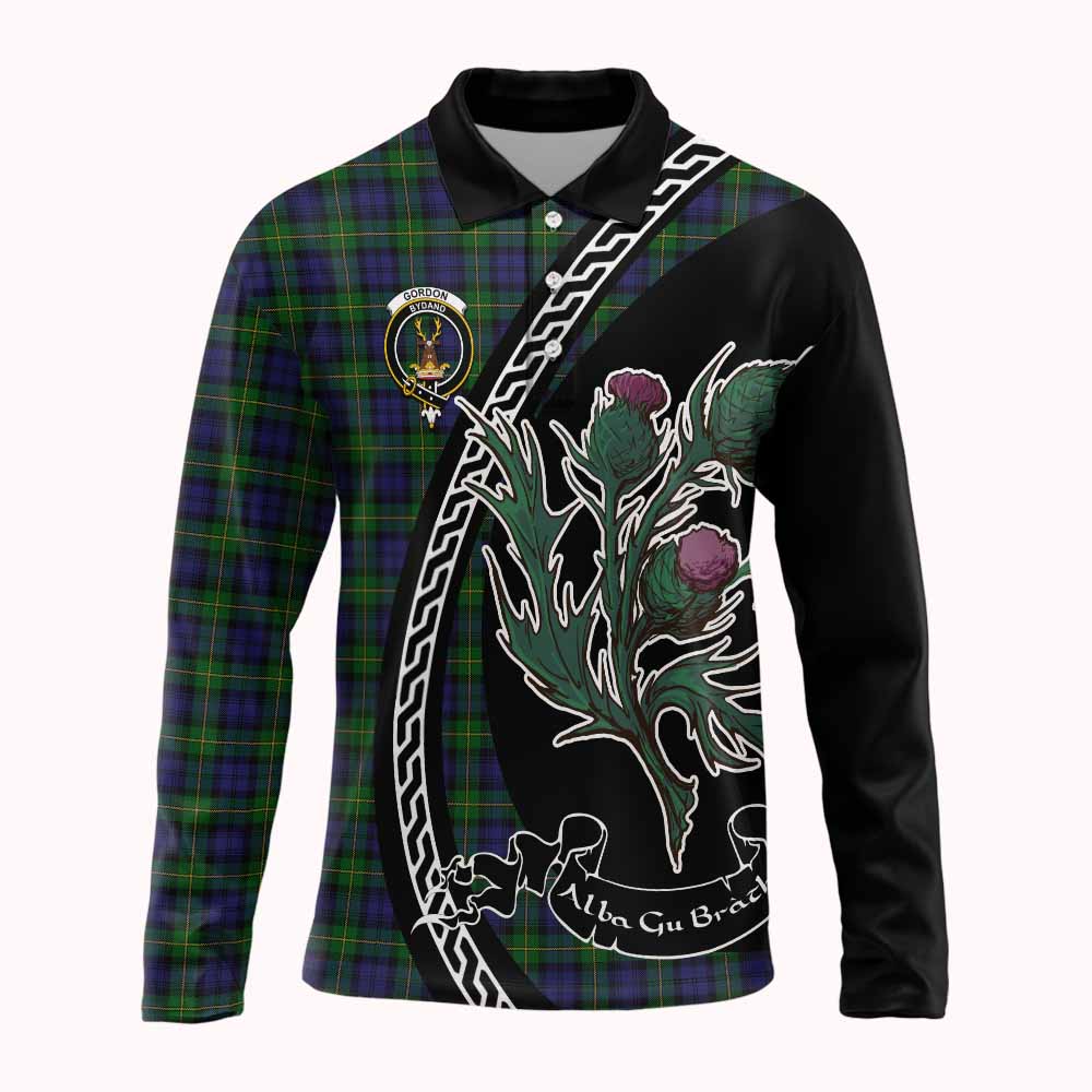 Gordon Family Crest Tartan Long Sleeve Polo Shirt Alba Thistle Inspired - Tartan Vibes Clothing