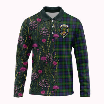 Gordon Family Crest Tartan Long Sleeve Polo Shirt Scottish Thistle Flower Pattern Half Style