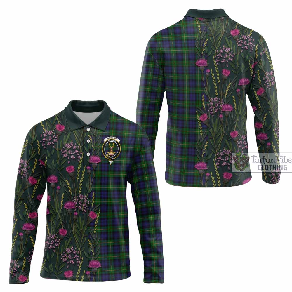 Gordon Family Crest Tartan Long Sleeve Polo Shirt Scottish Thistle Flower Pattern Half Style - Tartan Vibes Clothing