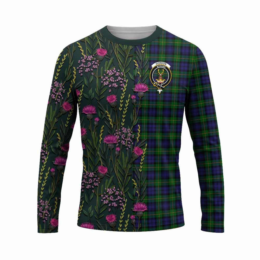 Gordon Family Crest Tartan Long Sleeve T-Shirt Scottish Thistle Flower Pattern Half Style - Tartan Vibes Clothing