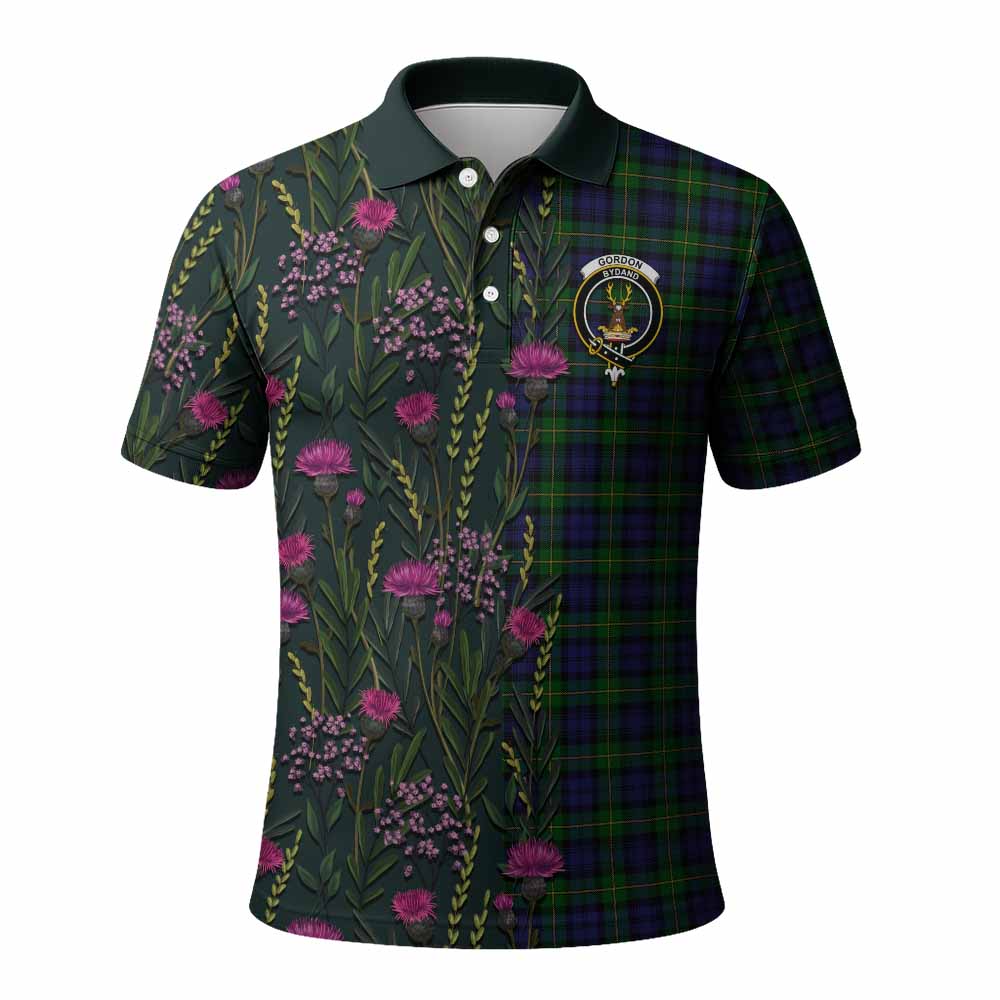 Gordon Family Crest Tartan Polo Shirt Scottish Thistle Flower Pattern Half Style - Tartan Vibes Clothing