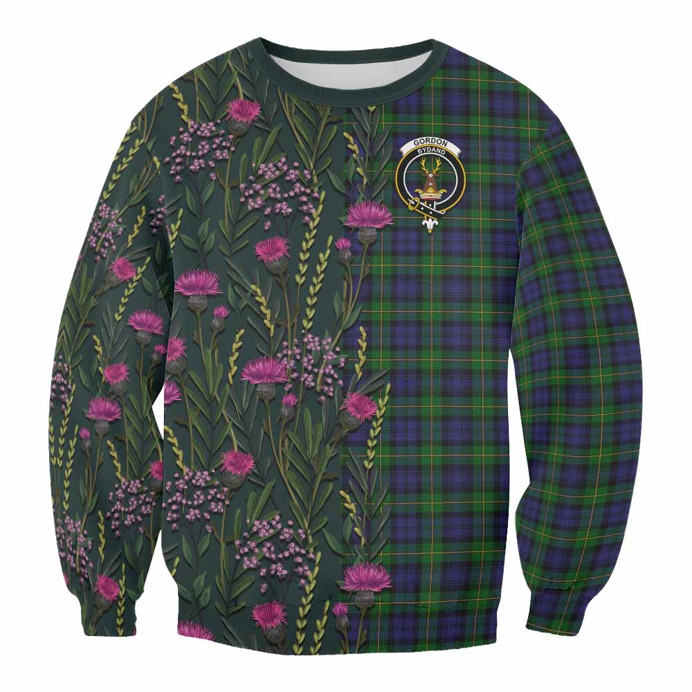 Gordon Family Crest Tartan Sweatshirt Scottish Thistle Flower Pattern Half Style - Tartan Vibes Clothing